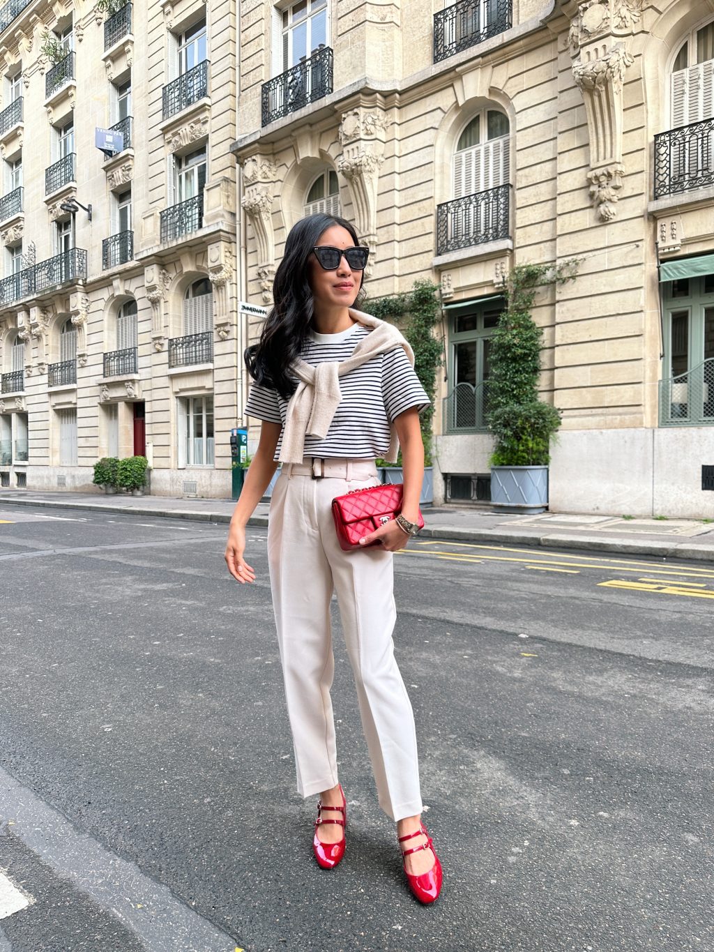 petite tapered pants cos stripe tee chanel red flap paris outfit