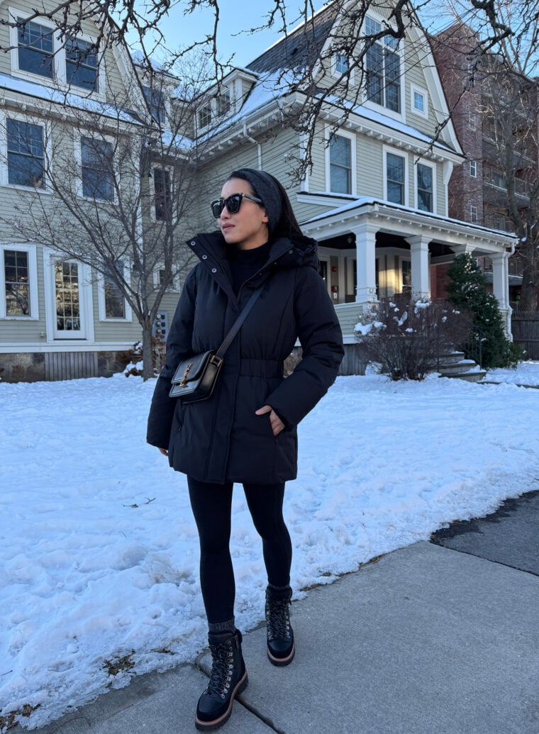 petite friendly winter outfit bernardo puffer coat
