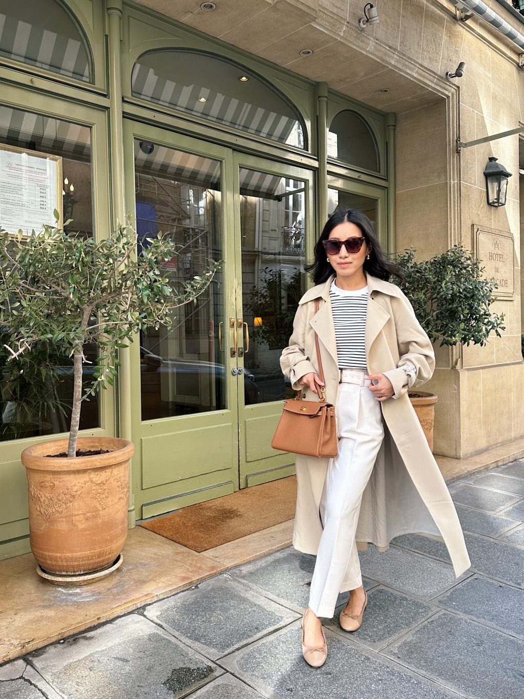 trench coat striped tee spring outfit